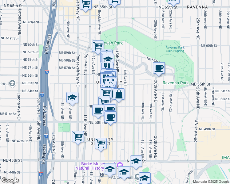 map of restaurants, bars, coffee shops, grocery stores, and more near 1505 Northeast 55th Street in Seattle