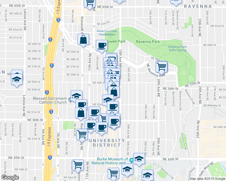 map of restaurants, bars, coffee shops, grocery stores, and more near 5240 University Way Northeast in Seattle