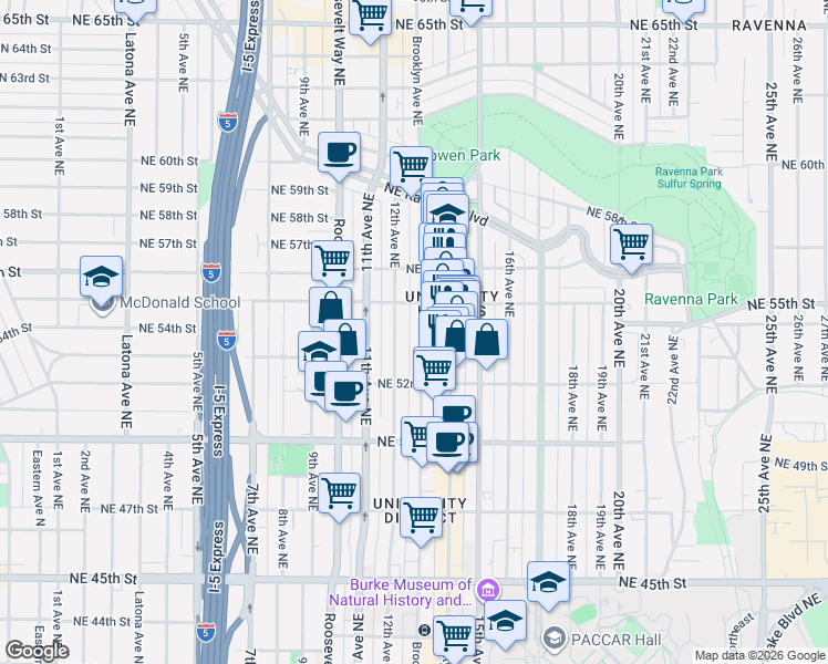 map of restaurants, bars, coffee shops, grocery stores, and more near 1215-1299 Northeast 55th Street in Seattle