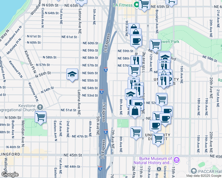 map of restaurants, bars, coffee shops, grocery stores, and more near 701 Northeast 55th Street in Seattle