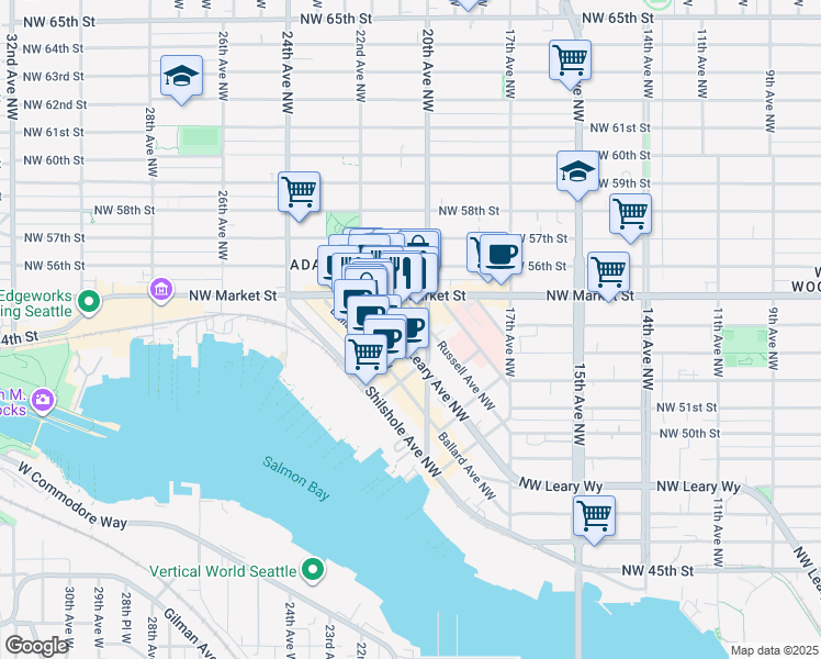 map of restaurants, bars, coffee shops, grocery stores, and more near 2017 Northwest Market Street in Seattle