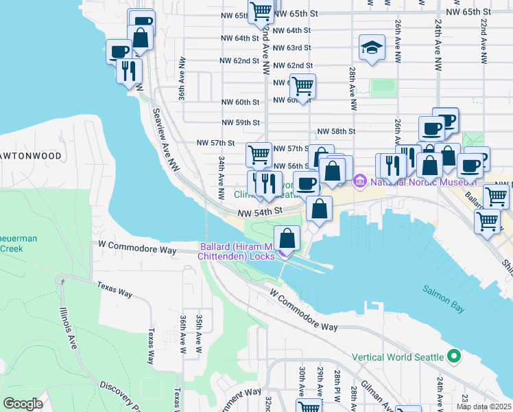 map of restaurants, bars, coffee shops, grocery stores, and more near 5431 32nd Avenue Northwest in Seattle