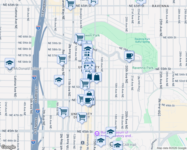 map of restaurants, bars, coffee shops, grocery stores, and more near 1505 Northeast 55th Street in Seattle
