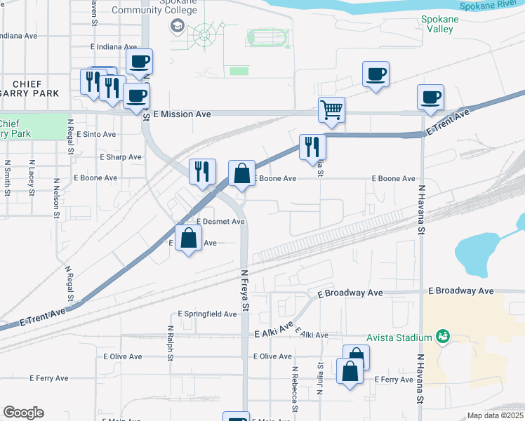 map of restaurants, bars, coffee shops, grocery stores, and more near 1004 North Freya Street in Spokane