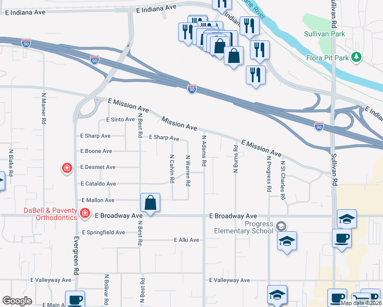 map of restaurants, bars, coffee shops, grocery stores, and more near 1218 North Warren Road in Spokane Valley