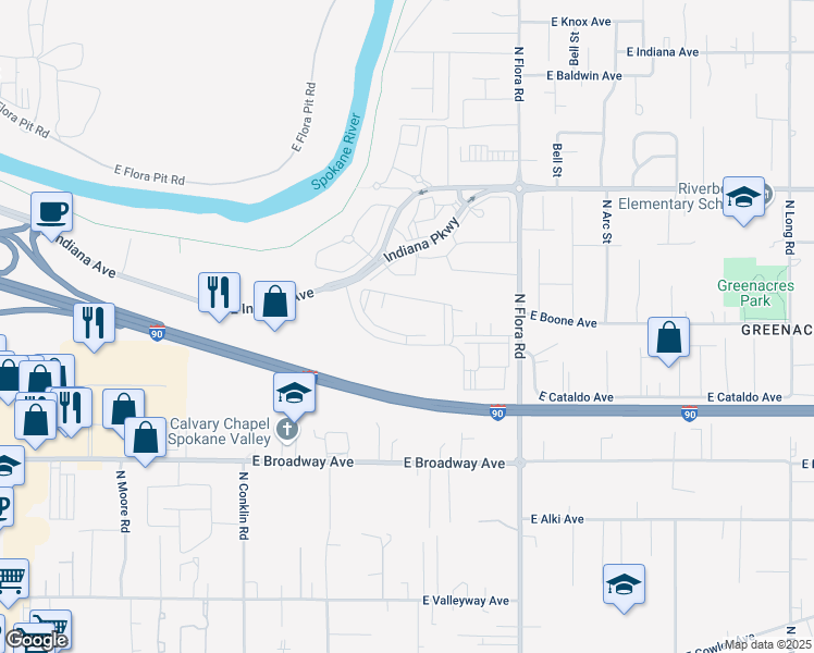 map of restaurants, bars, coffee shops, grocery stores, and more near 16609 East Desmet Court in Spokane Valley