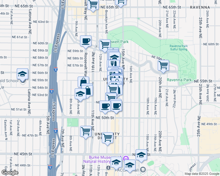 map of restaurants, bars, coffee shops, grocery stores, and more near 5246 Brooklyn Avenue Northeast in Seattle