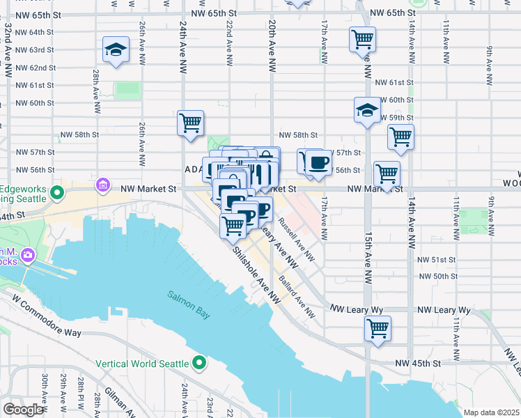 map of restaurants, bars, coffee shops, grocery stores, and more near 2017 Northwest Market Street in Seattle