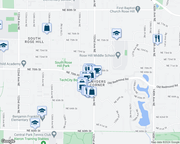 map of restaurants, bars, coffee shops, grocery stores, and more near 13105 Northeast 70th Drive in Kirkland