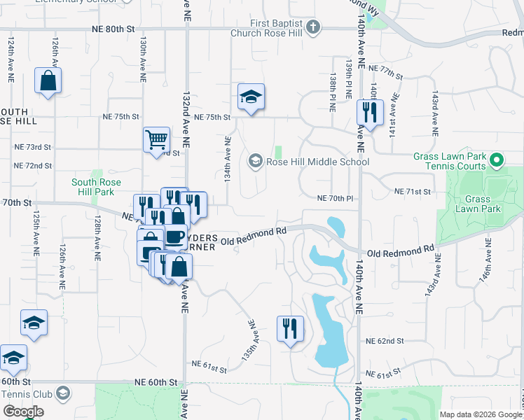 map of restaurants, bars, coffee shops, grocery stores, and more near 13514 Northeast 70th Street in Redmond