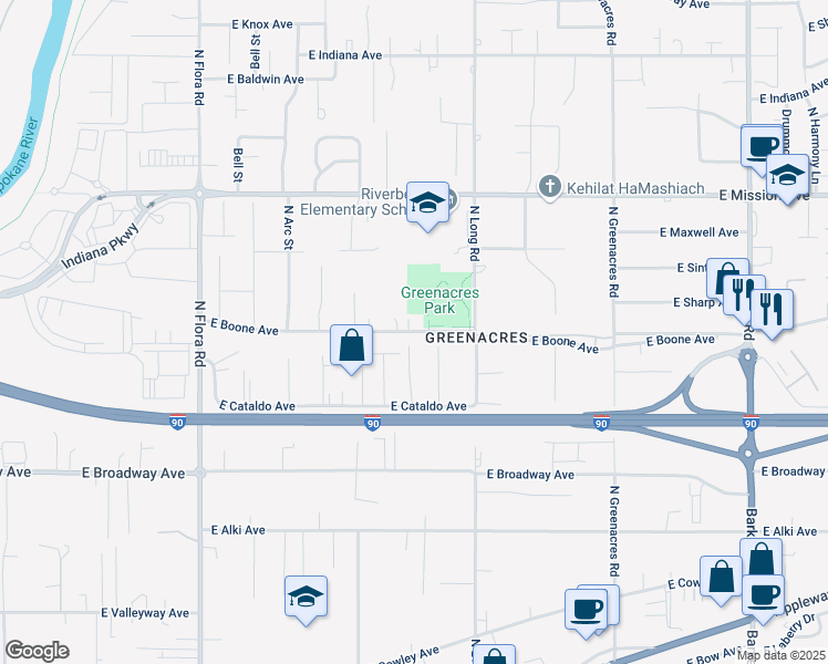 map of restaurants, bars, coffee shops, grocery stores, and more near 17705 East Boone Avenue in Spokane Valley