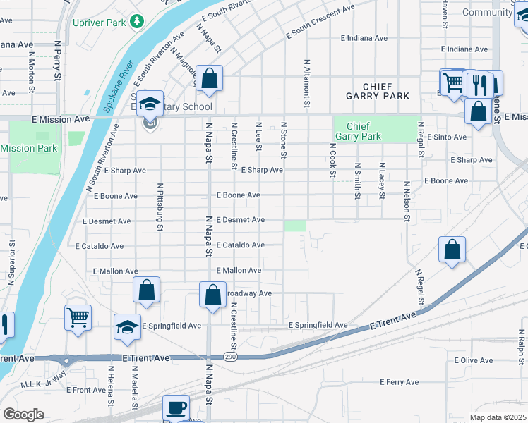 map of restaurants, bars, coffee shops, grocery stores, and more near 2200 East Boone Avenue in Spokane