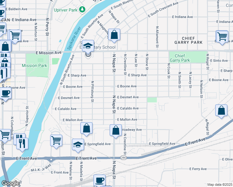 map of restaurants, bars, coffee shops, grocery stores, and more near 2002 East Boone Avenue in Spokane