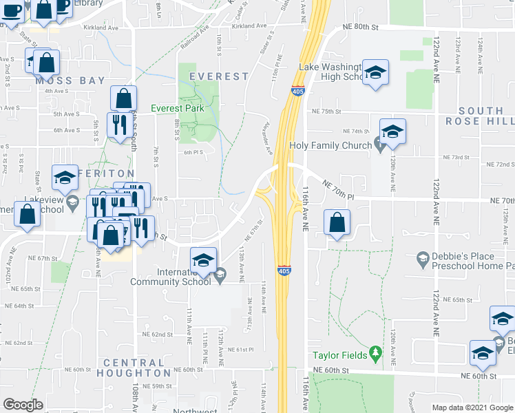 map of restaurants, bars, coffee shops, grocery stores, and more near 11428 Northeast 67th Street in Kirkland
