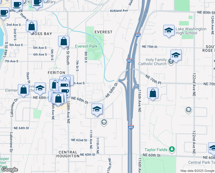 map of restaurants, bars, coffee shops, grocery stores, and more near 11232 Northeast 68th Street in Kirkland