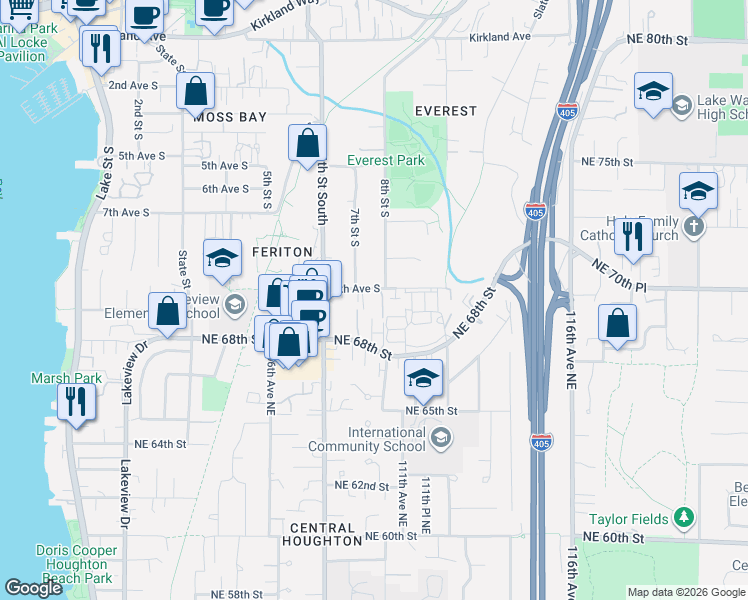 map of restaurants, bars, coffee shops, grocery stores, and more near 622 7th Street South in Kirkland