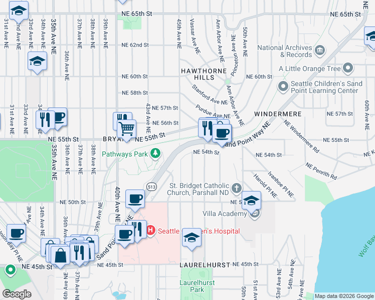 map of restaurants, bars, coffee shops, grocery stores, and more near 4523 Northeast 55th Street in Seattle