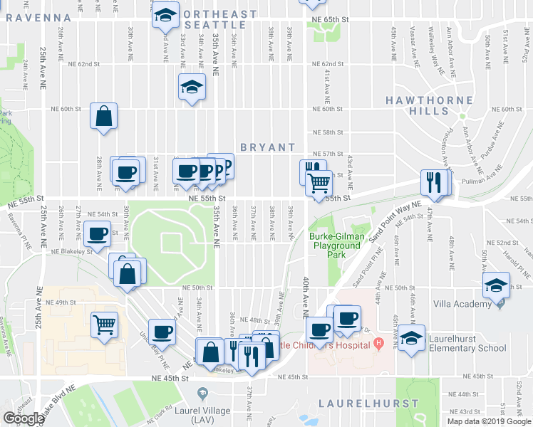 map of restaurants, bars, coffee shops, grocery stores, and more near 3706 Northeast 55th Street in Seattle
