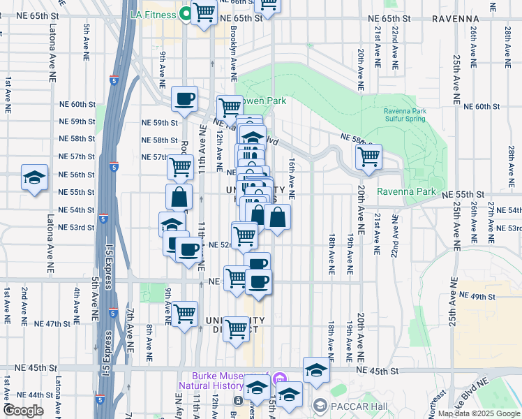 map of restaurants, bars, coffee shops, grocery stores, and more near 5240 University Way Northeast in Seattle