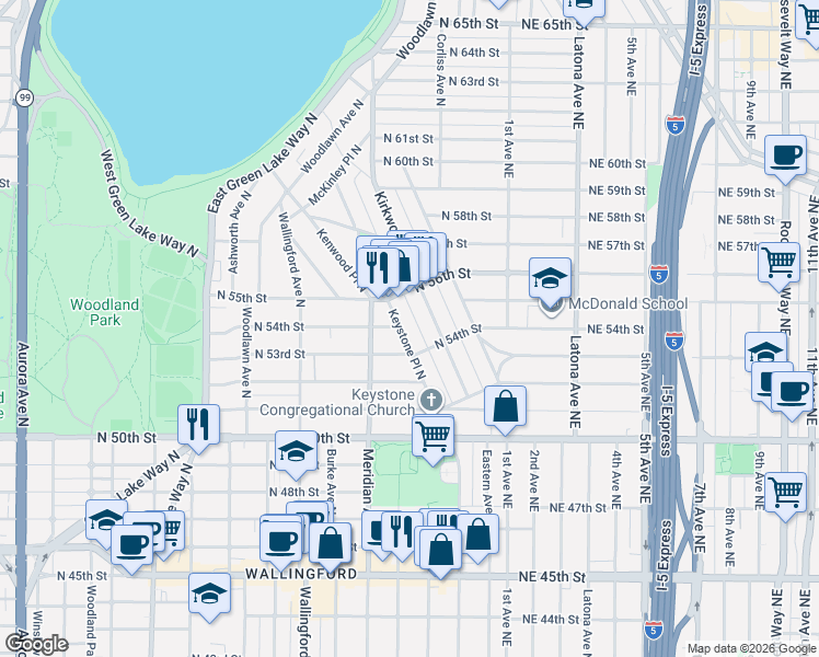 map of restaurants, bars, coffee shops, grocery stores, and more near 5410 Keystone Place North in Seattle