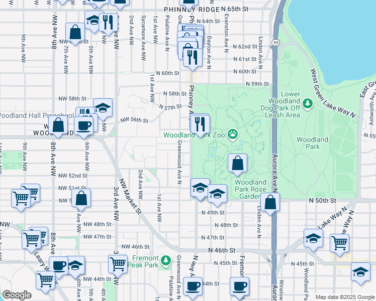 map of restaurants, bars, coffee shops, grocery stores, and more near in Seattle