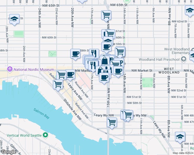 map of restaurants, bars, coffee shops, grocery stores, and more near in Seattle