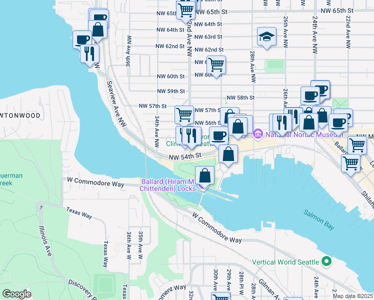 map of restaurants, bars, coffee shops, grocery stores, and more near 5431 32nd Avenue Northwest in Seattle