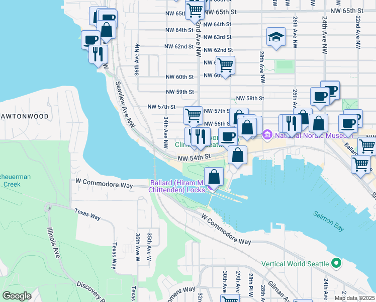 map of restaurants, bars, coffee shops, grocery stores, and more near 3222 Northwest 54th Street in Seattle