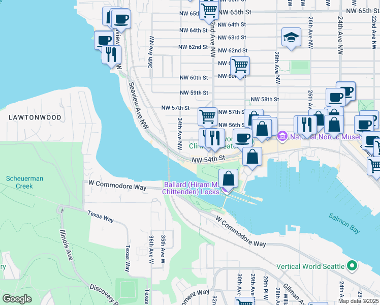 map of restaurants, bars, coffee shops, grocery stores, and more near 3222 Northwest 54th Street in Seattle