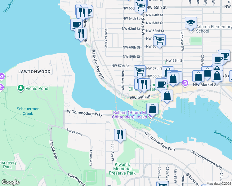 map of restaurants, bars, coffee shops, grocery stores, and more near 3409 Northwest Market Street in Seattle