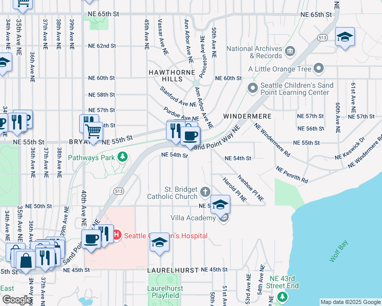 map of restaurants, bars, coffee shops, grocery stores, and more near 5432 Sand Point Way Northeast in Seattle