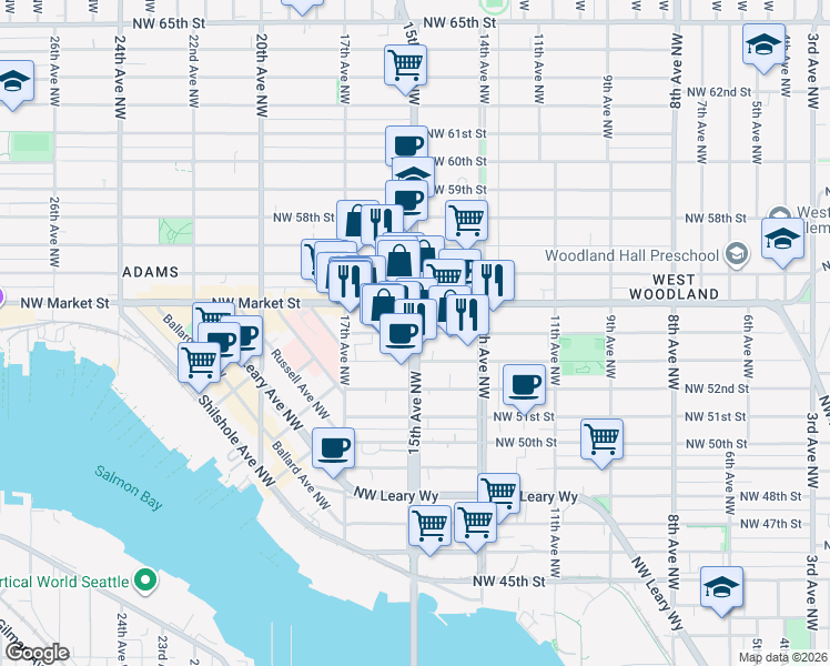 map of restaurants, bars, coffee shops, grocery stores, and more near 15th Ave NW & NW 54th St in Seattle