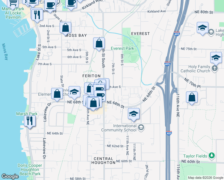 map of restaurants, bars, coffee shops, grocery stores, and more near 623 9th Avenue South in Kirkland