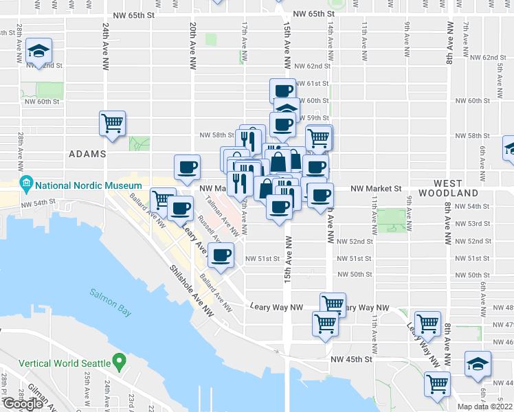 map of restaurants, bars, coffee shops, grocery stores, and more near in Seattle