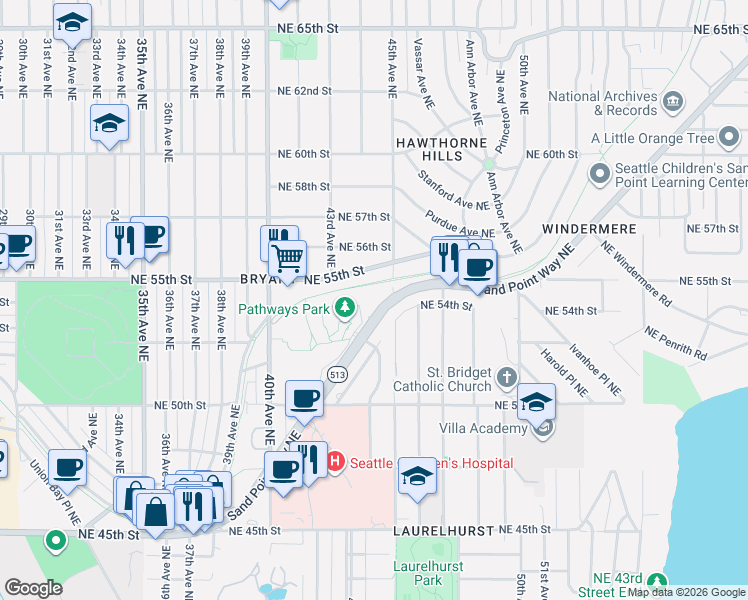 map of restaurants, bars, coffee shops, grocery stores, and more near 5251 Sand Point Way Northeast in Seattle