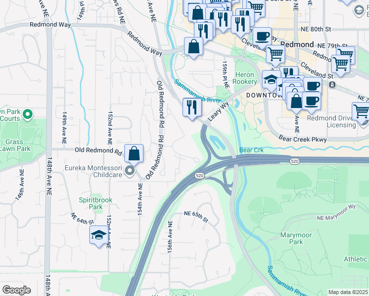 map of restaurants, bars, coffee shops, grocery stores, and more near 15662 Northeast 70th Court in Redmond