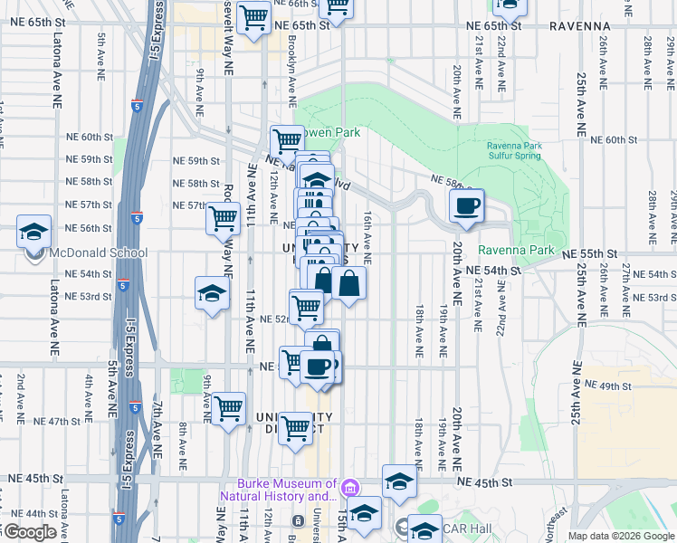 map of restaurants, bars, coffee shops, grocery stores, and more near 1505 Northeast 55th Street in Seattle