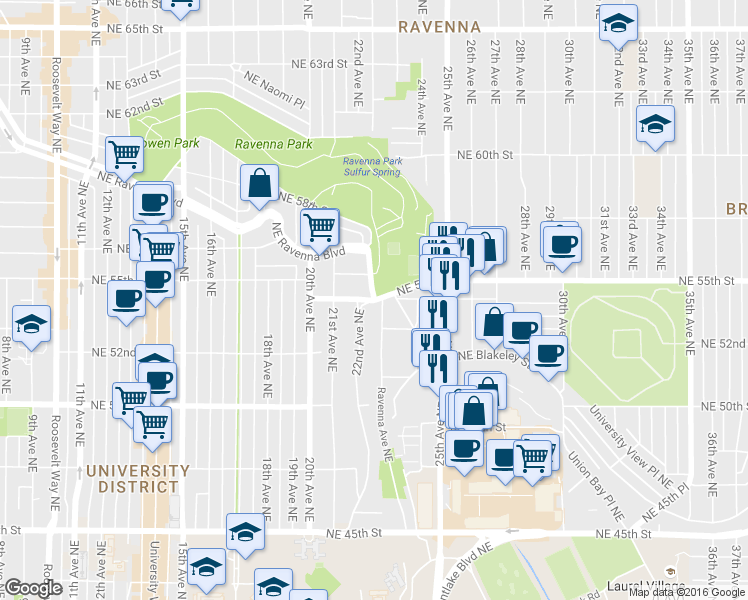 map of restaurants, bars, coffee shops, grocery stores, and more near Ravenna Ave NE & NE 54th St in Seattle