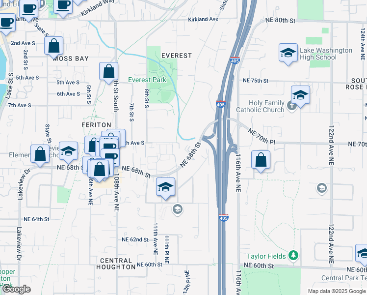 map of restaurants, bars, coffee shops, grocery stores, and more near 11226 Northeast 68th Street in Kirkland