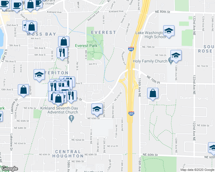 map of restaurants, bars, coffee shops, grocery stores, and more near 11230 Northeast 68th Street in Kirkland