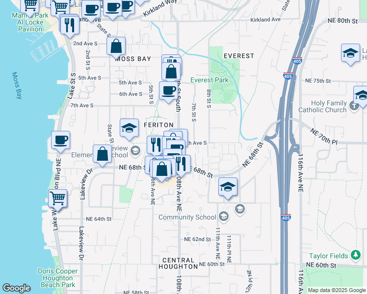 map of restaurants, bars, coffee shops, grocery stores, and more near 826 #112 6th Street South in Kirkland