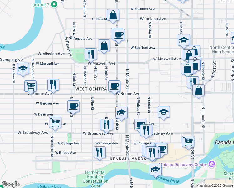 map of restaurants, bars, coffee shops, grocery stores, and more near N Ash St & W Boone Ave in Spokane