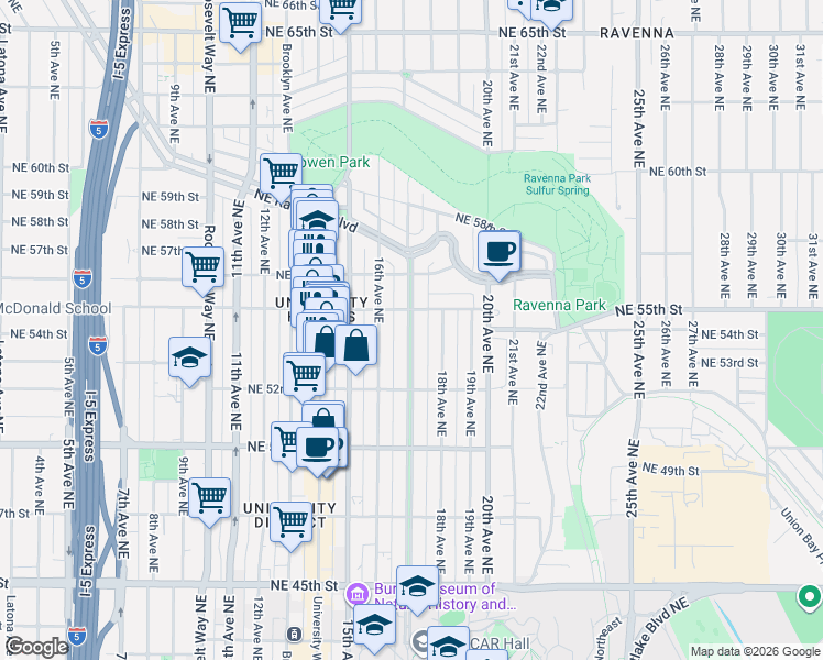 map of restaurants, bars, coffee shops, grocery stores, and more near 5269 17th Avenue Northeast in Seattle