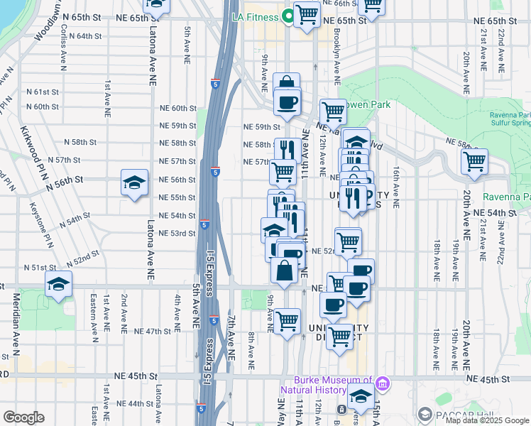 map of restaurants, bars, coffee shops, grocery stores, and more near 811 Northeast 55th Street in Seattle