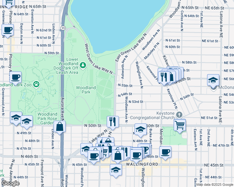map of restaurants, bars, coffee shops, grocery stores, and more near 5426 Green Lake Way North in Seattle