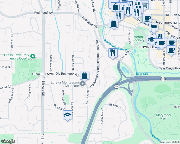 map of restaurants, bars, coffee shops, grocery stores, and more near 7001 Old Redmond Road in Redmond