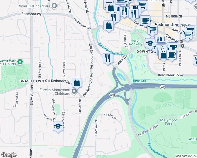 map of restaurants, bars, coffee shops, grocery stores, and more near 15662 Northeast 70th Court in Redmond