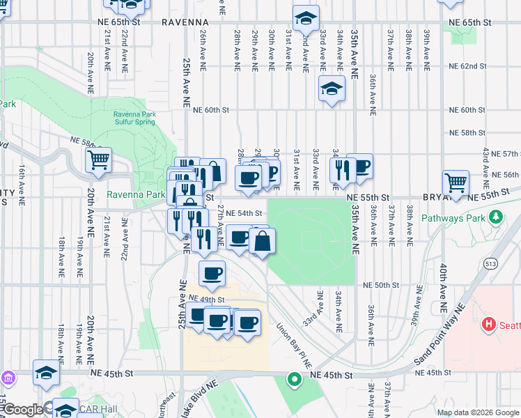 map of restaurants, bars, coffee shops, grocery stores, and more near 2817 Northeast 55th Street in Seattle