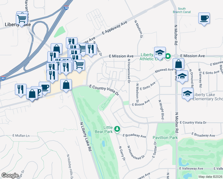 map of restaurants, bars, coffee shops, grocery stores, and more near 22809 Country Vista Drive in Liberty Lake