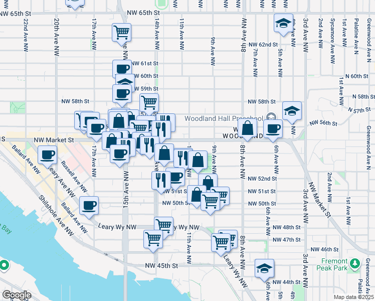 map of restaurants, bars, coffee shops, grocery stores, and more near 1115 Northwest Market Street in Seattle